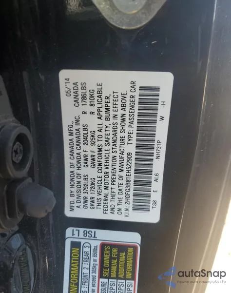 2014 Honda Civic Ex из США, поврежденный, VIN 2HGFG3B81EH522909